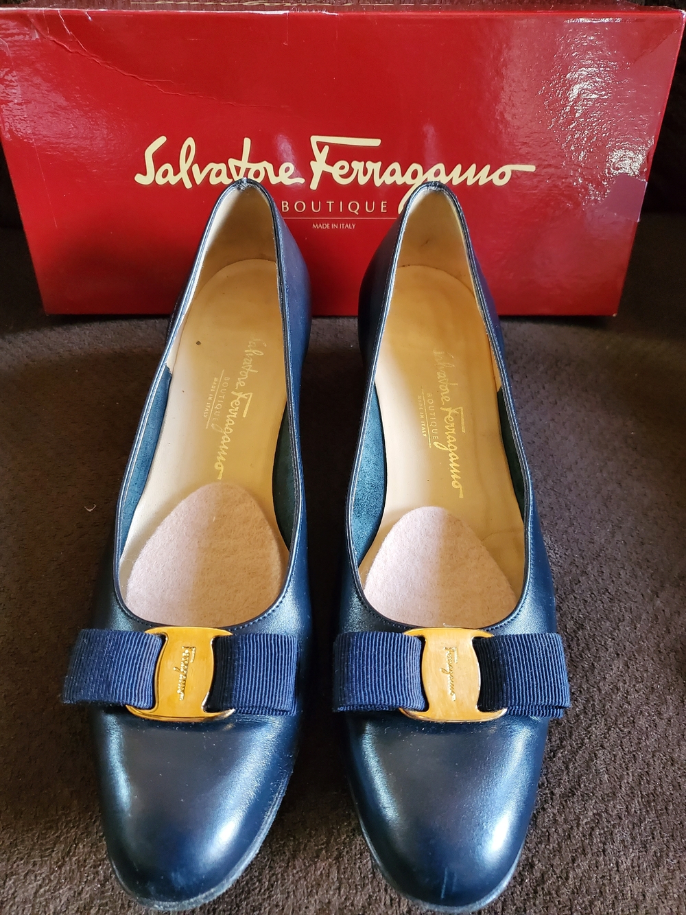 Salvatore Ferragamo LiLLaz Navy Leather  Bow Flats with Gold Plaque